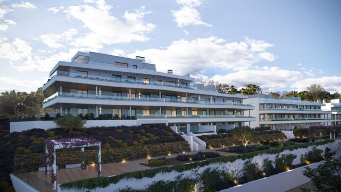 Fachada principal de la nueva promoción Vanian Park de AEDAS Homes en Estepona, Málaga. (1)